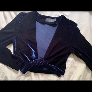 MinkPink Blue Velvet Front-Tie Top